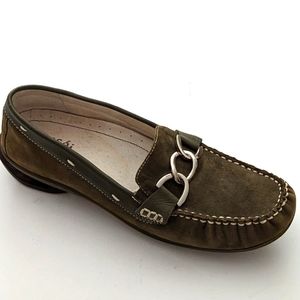 ASGI Leather Classy Elegant Olive Suede Shoes 8 M Silver Chain Loafers N…